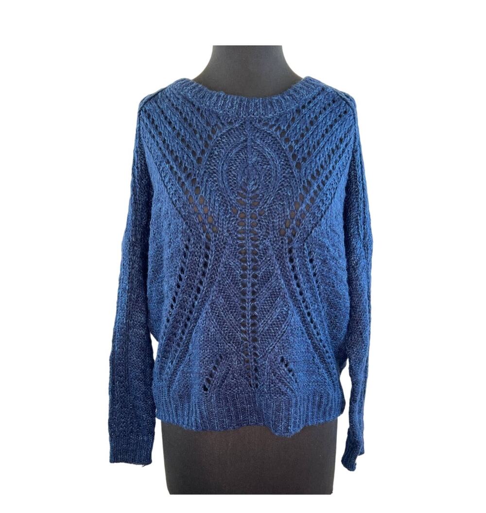 Devoted Blue Crochet Cable Knit Long Sleeve Round Neck Chunky Sweater Size M